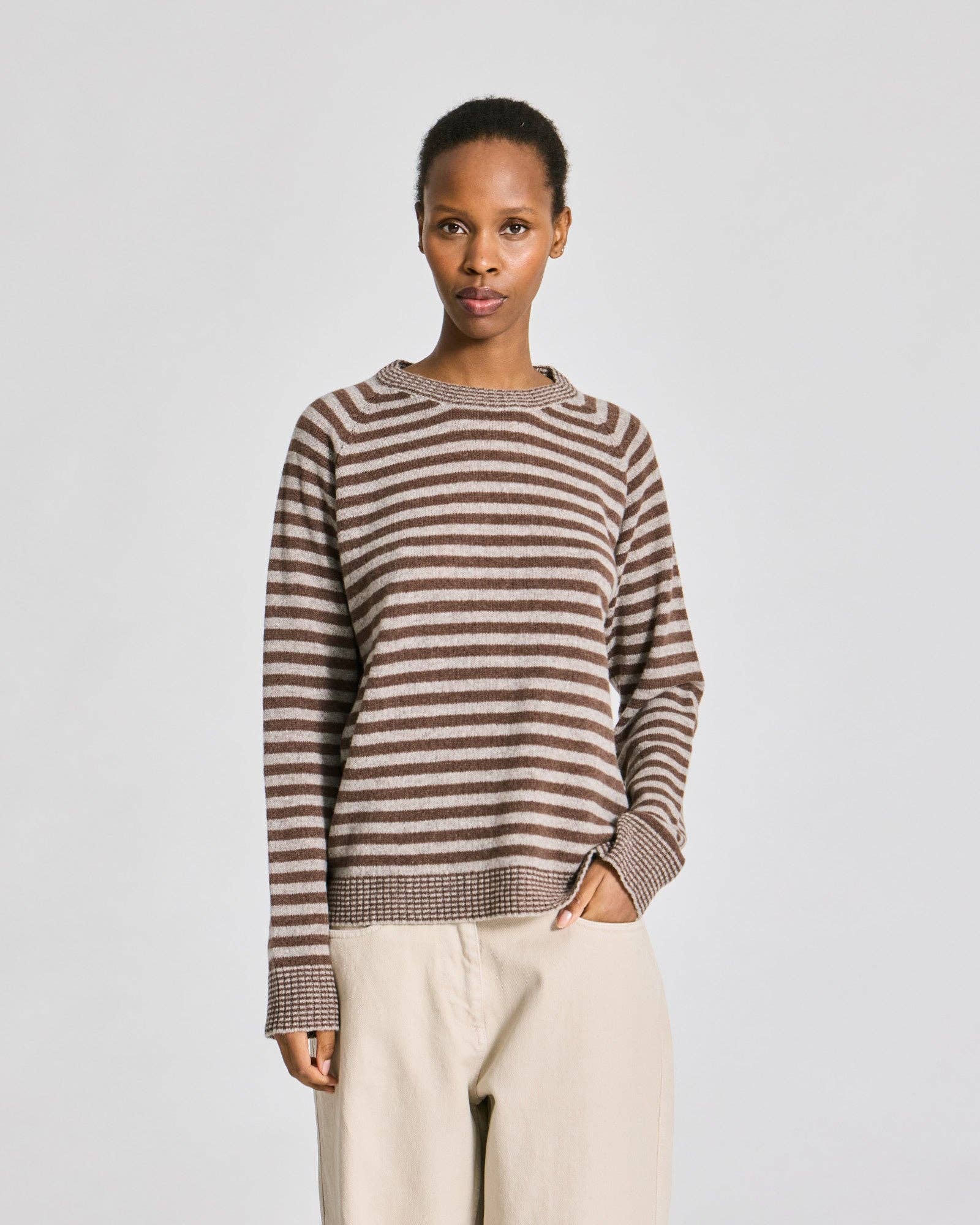 Gertrud L/S Striped Pullover Lambswool Knit - Striped Grey / Brown