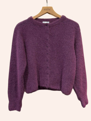 Buttoned round-neck angora cardigan with long sleeves
