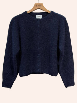 Buttoned round-neck angora cardigan with long sleeves