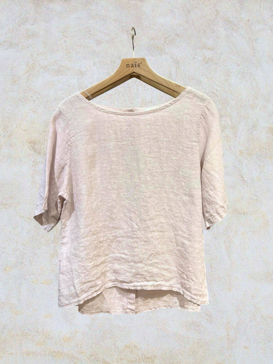 ROUND NECK T-SHIRT BUTTONED AT THE BACK 100% LINEN