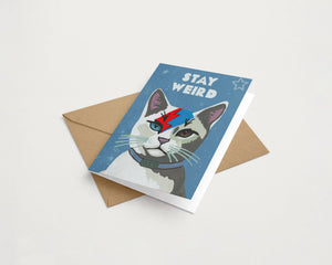 Stay Weird Cat Greeting Card – Quirky Feline Design