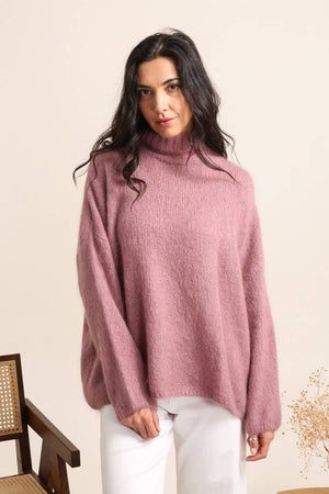 Oversized High Neck Sweater, Old Rose