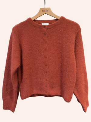 Buttoned round-neck angora cardigan with long sleeves