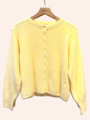Buttoned round-neck angora cardigan with long sleeves