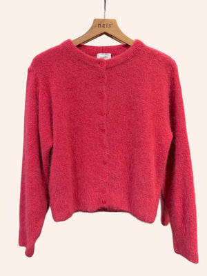 Buttoned round-neck angora cardigan with long sleeves