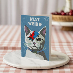 Stay Weird Cat Greeting Card – Quirky Feline Design
