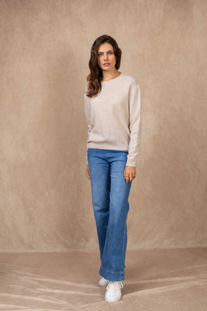 Short-sleeve round neck sweater in 100% extrafine merino wool
