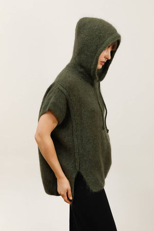 Mohair and wool hooded poncho with exposed seams