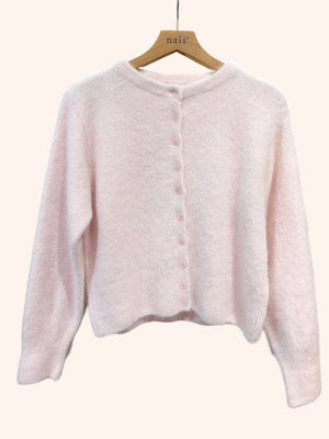 Buttoned round-neck angora cardigan with long sleeves