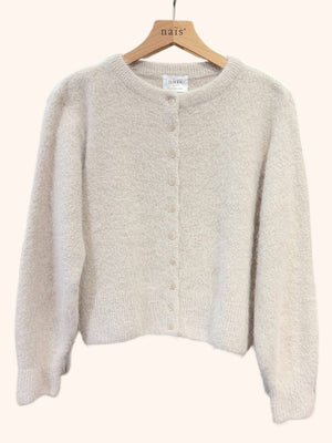Buttoned round-neck angora cardigan with long sleeves