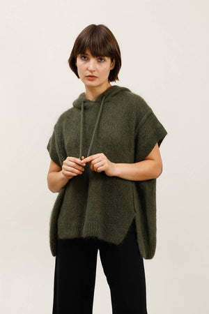 Mohair and wool hooded poncho with exposed seams