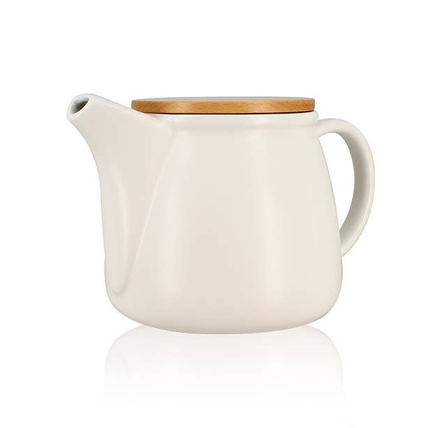 Mona 1l white porcelain teapot with wooden lid