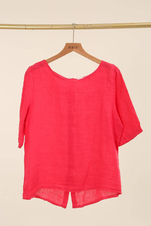 ROUND NECK T-SHIRT BUTTONED AT THE BACK 100% LINEN