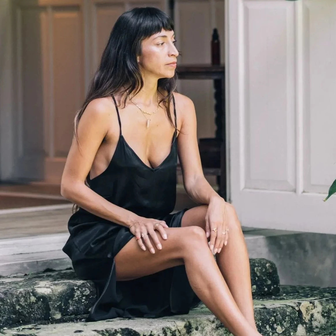 Silk & Satin Slip Dress - Black