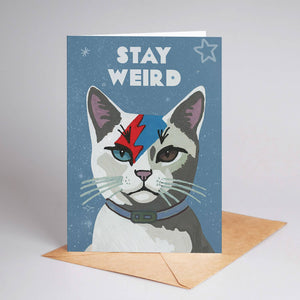 Stay Weird Cat Greeting Card – Quirky Feline Design