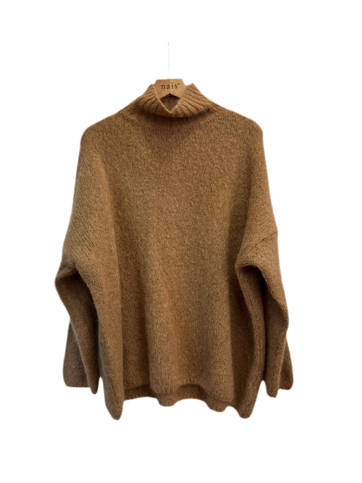 Oversized High Neck Sweater in Mohair and Wool, Camel