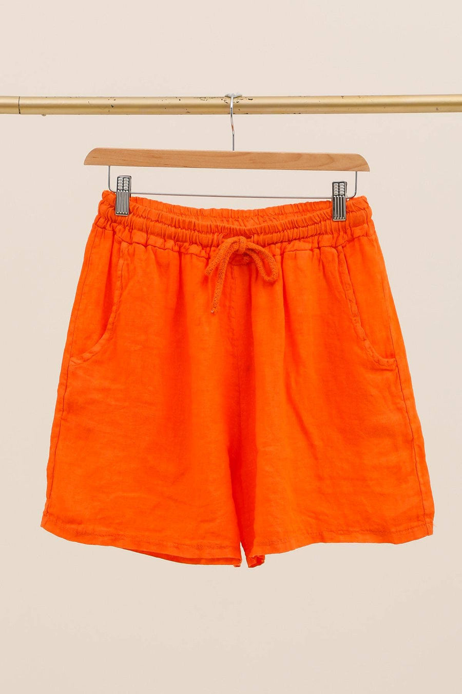 Elasticated waist shorts with drawstring and pockets, 100% linen