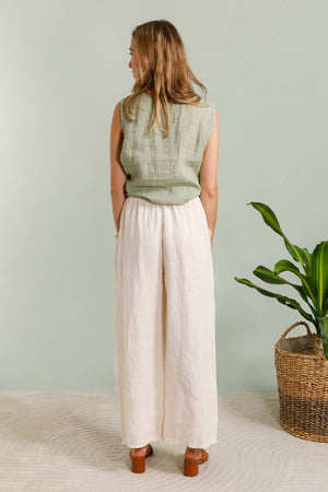 WIDE-LEG PANTS WITH ELASTIC WAIST AND POCKETS 100% LINEN