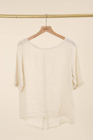 ROUND NECK T-SHIRT BUTTONED AT THE BACK 100% LINEN