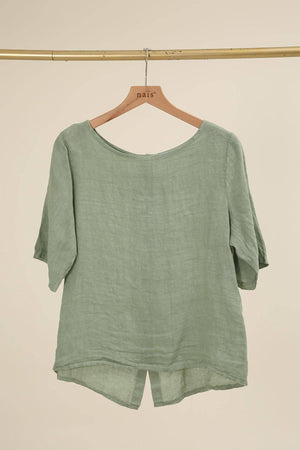 ROUND NECK T-SHIRT BUTTONED AT THE BACK 100% LINEN