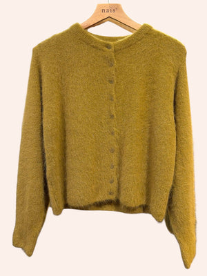 Buttoned round-neck angora cardigan with long sleeves